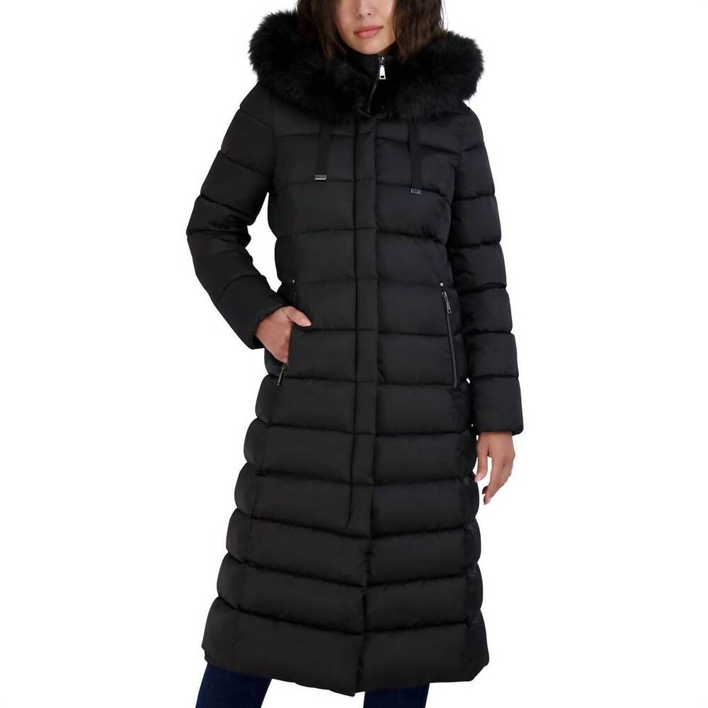 NEW TAHARI women's phoebe oversized faux fur trim maxi coat in black